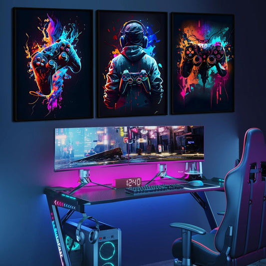3-Piece Retro Gaming Wall Art Set – Cool Video Game Sticky Photo Tiles with Frames