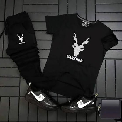 "Againtr Black Summer Printed Tracksuit for Men & Boys – Soft, Comfortable T-Shirt and Trouser Set"