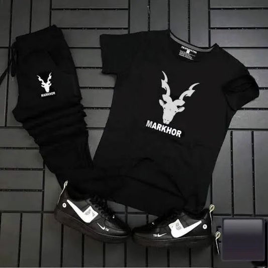 "Againtr Black Summer Printed Tracksuit for Men & Boys – Soft, Comfortable T-Shirt and Trouser Set"