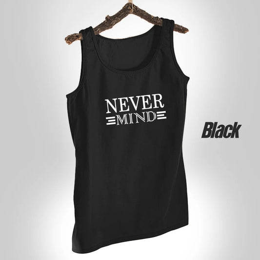 Never Mind Design – Men's Black Printed Gym Tank Top | Sleeveless Workout Shirt | Jersey Sando for Training & Fitness